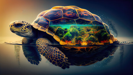 Giant space turtle carrying earth on its back is wandering in space. Generative AIの素材