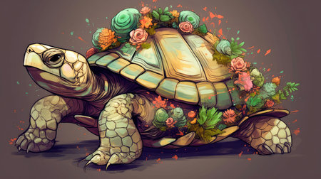 Giant space turtle carrying earth on its back is wandering in space. Generative AIの素材