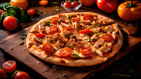 Pizza with chicken and tomatoes in a modern setting. Generative AIの素材