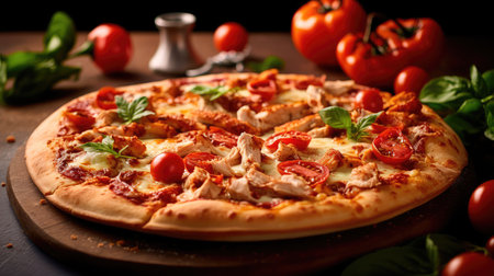 Pizza with chicken and tomatoes in a modern setting. Generative AIの素材
