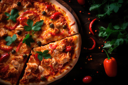 Pizza with chicken and tomatoes in a modern setting. Generative AIの素材