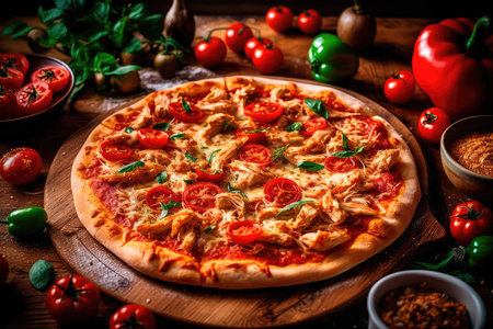 Pizza with chicken and tomatoes in a modern setting. Generative AIの素材