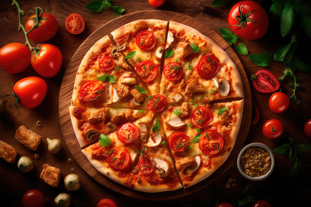 Pizza with chicken and tomatoes in a modern setting. Generative AIの素材