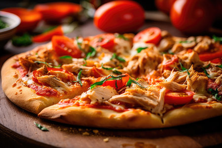 Pizza with chicken and tomatoes in a modern setting. Generative AIの素材