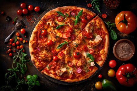 Pizza with chicken and tomatoes in a modern setting. Generative AIの素材