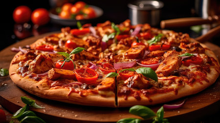 Pizza with chicken and tomatoes in a modern setting. Generative AIの素材