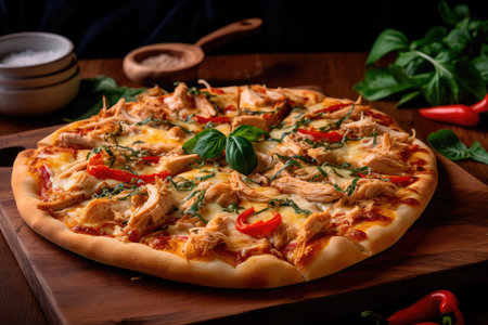 Pizza with chicken and tomatoes in a modern setting. Generative AIの素材