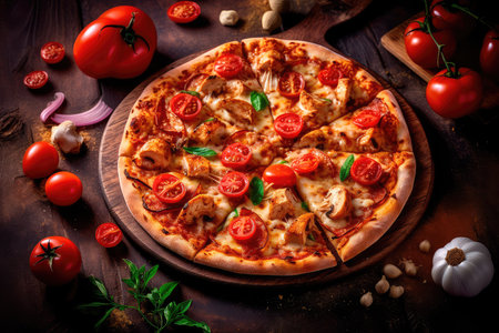 Pizza with chicken and tomatoes in a modern setting. Generative AIの素材