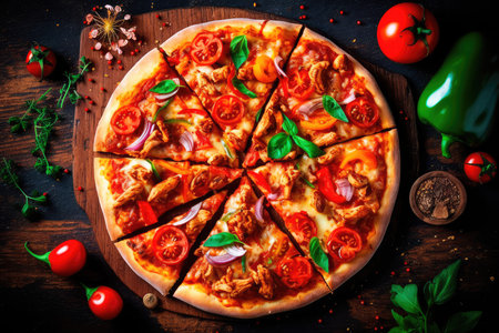 Pizza with chicken and tomatoes in a modern setting. Generative AIの素材