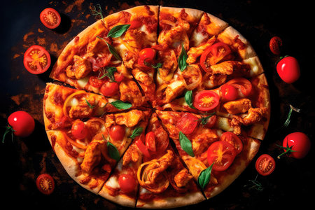 Pizza with chicken and tomatoes in a modern setting. Generative AIの素材