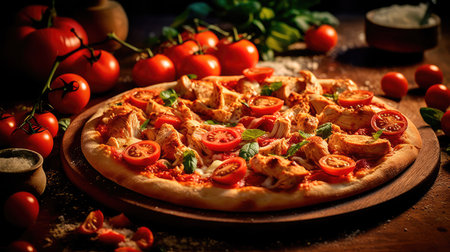 Pizza with chicken and tomatoes in a modern setting. Generative AIの素材