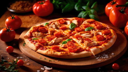Pizza with chicken and tomatoes in a modern setting. Generative AIの素材