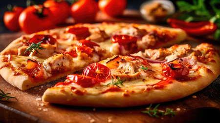 Pizza with chicken and tomatoes in a modern setting. Generative AIの素材