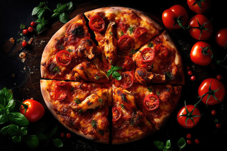 Pizza with chicken and tomatoes in a modern setting. Generative AIの素材
