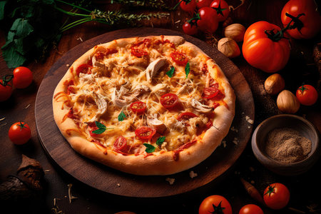 Pizza with chicken and tomatoes in a modern setting. Generative AIの素材