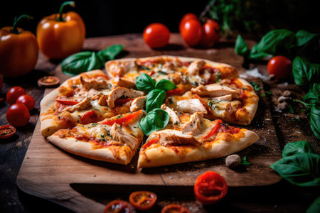 Pizza with chicken and tomatoes in a modern setting. Generative AIの素材
