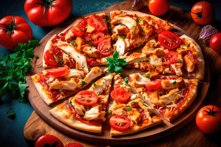 Pizza with chicken and tomatoes in a modern setting. Generative AIの素材