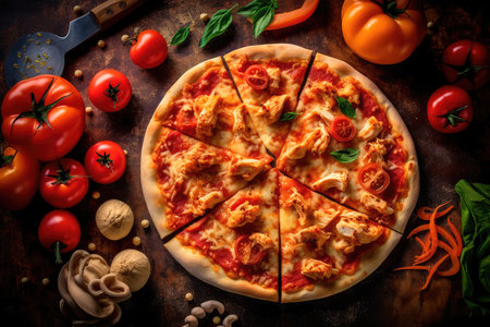 Pizza with chicken and tomatoes in a modern setting. Generative AIの素材