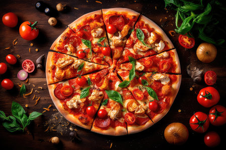 Pizza with chicken and tomatoes in a modern setting. Generative AIの素材