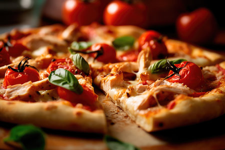 Pizza with chicken and tomatoes in a modern setting. Generative AIの素材