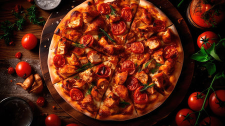 Pizza with chicken and tomatoes in a modern setting. Generative AIの素材