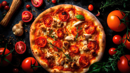 Pizza with chicken and tomatoes in a modern setting. Generative AIの素材