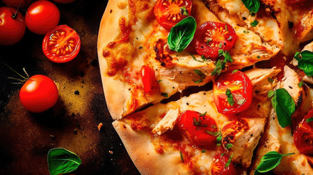 Pizza with chicken and tomatoes in a modern setting. Generative AIの素材