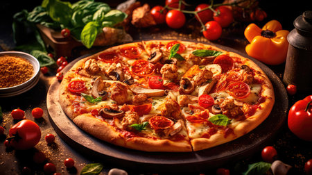 Pizza with chicken and tomatoes in a modern setting. Generative AIの素材