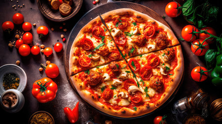 Pizza with chicken and tomatoes in a modern setting. Generative AIの素材