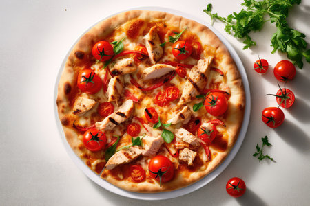 Pizza with chicken and tomatoes in a modern setting. Generative AIの素材