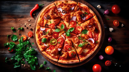 Pizza with chicken and tomatoes in a modern setting. Generative AIの素材