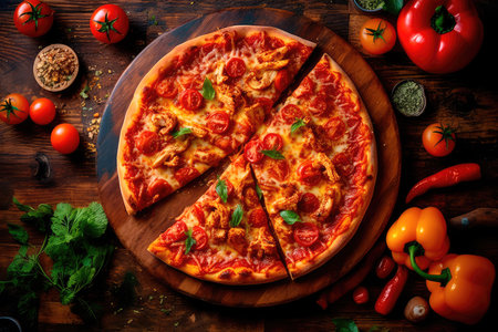 Pizza with chicken and tomatoes in a modern setting. Generative AIの素材