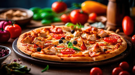 Pizza with chicken and tomatoes in a modern setting. Generative AIの素材