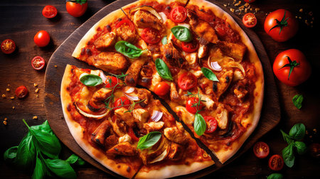 Pizza with chicken and tomatoes in a modern setting. Generative AIの素材