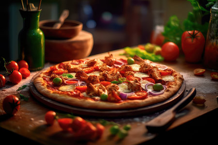 Pizza with chicken and tomatoes in a modern setting. Generative AIの素材
