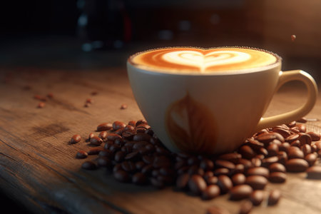 Cup of coffee latte with heart shape and coffee beans on old wooden background. Generative AIの素材