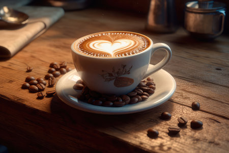 Cup of coffee latte with heart shape and coffee beans on old wooden background. Generative AIの素材