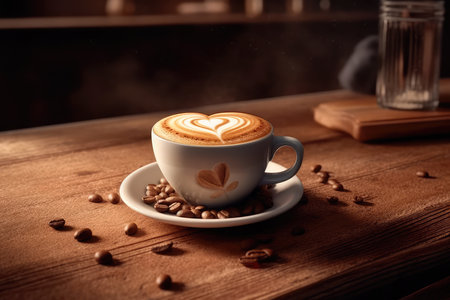 Cup of coffee latte with heart shape and coffee beans on old wooden background. Generative AIの素材