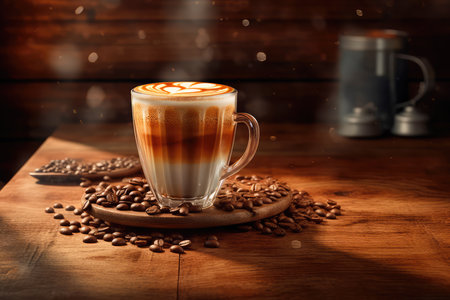 Cup of coffee latte with heart shape and coffee beans on old wooden background. Generative AIの素材