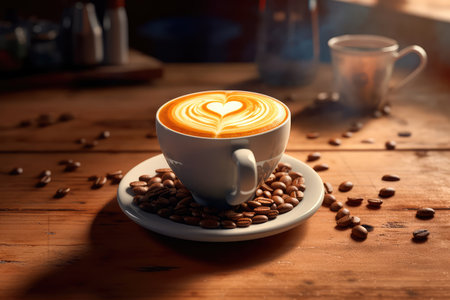 Cup of coffee latte with heart shape and coffee beans on old wooden background. Generative AIの素材
