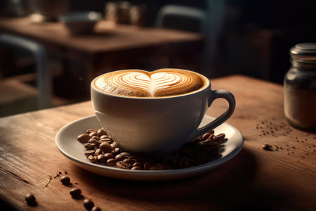 Cup of coffee latte with heart shape and coffee beans on old wooden background. Generative AIの素材