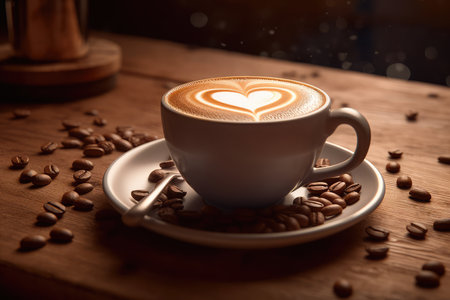 Cup of coffee latte with heart shape and coffee beans on old wooden background. Generative AIの素材