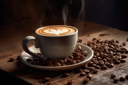 Cup of coffee latte with heart shape and coffee beans on old wooden background. Generative AIの素材