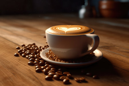 Cup of coffee latte with heart shape and coffee beans on old wooden background. Generative AIの素材