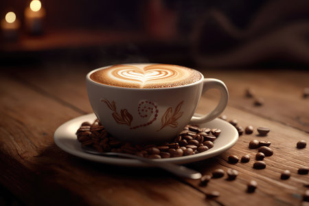 Cup of coffee latte with heart shape and coffee beans on old wooden background. Generative AIの素材