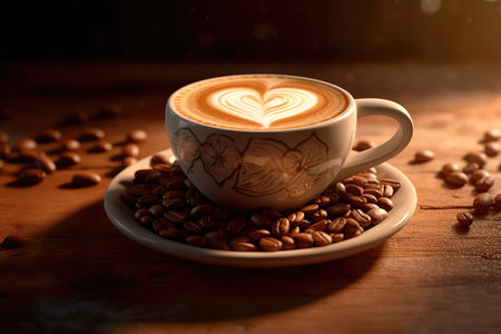 Cup of coffee latte with heart shape and coffee beans on old wooden background. Generative AIの素材