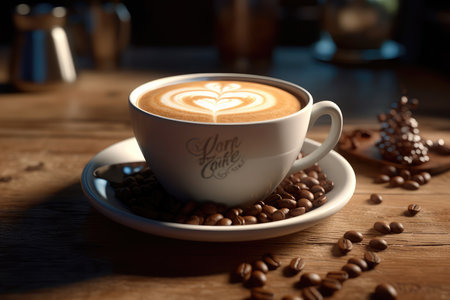 Cup of coffee latte with heart shape and coffee beans on old wooden background. Generative AIの素材