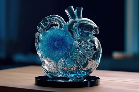 Beautiful glass anatomical heart in blue and white pastel colors. Generative AIの素材