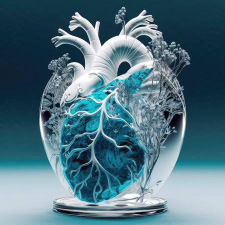 Beautiful glass anatomical heart in blue and white pastel colors. Generative AIの素材
