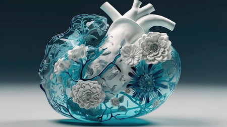 Beautiful glass anatomical heart in blue and white pastel colors. Generative AIの素材